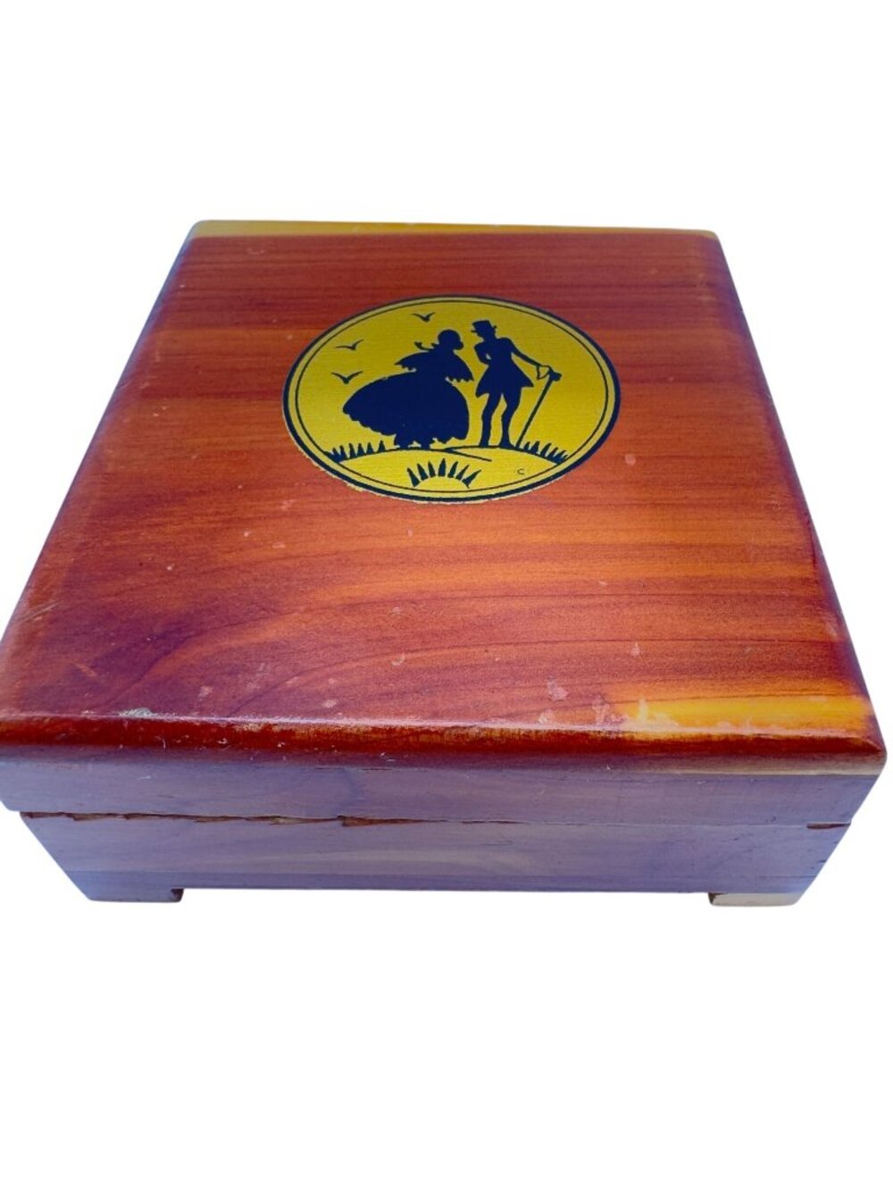 Handcrafted Cedar Keepsake Box Hinged Lid Rococo Austrian Silhouette Vtg 30s-40s